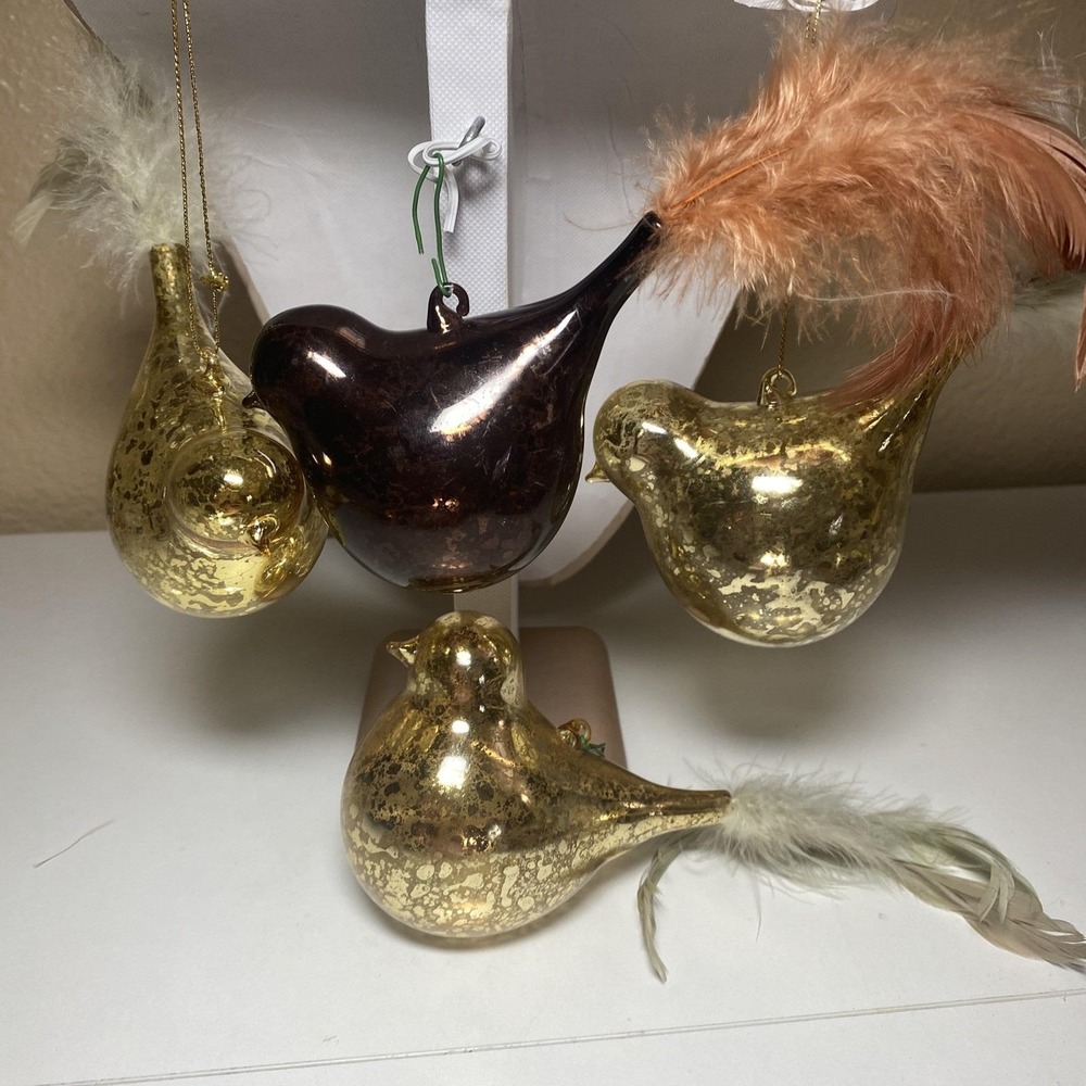 Blown Glass Bird of Paradise Gold Feather Spun Tail Ornaments Set Of 4 VTG